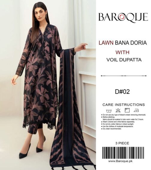 Baroque lawn Bana Doria With Voi Dupatta D2 - Image 2
